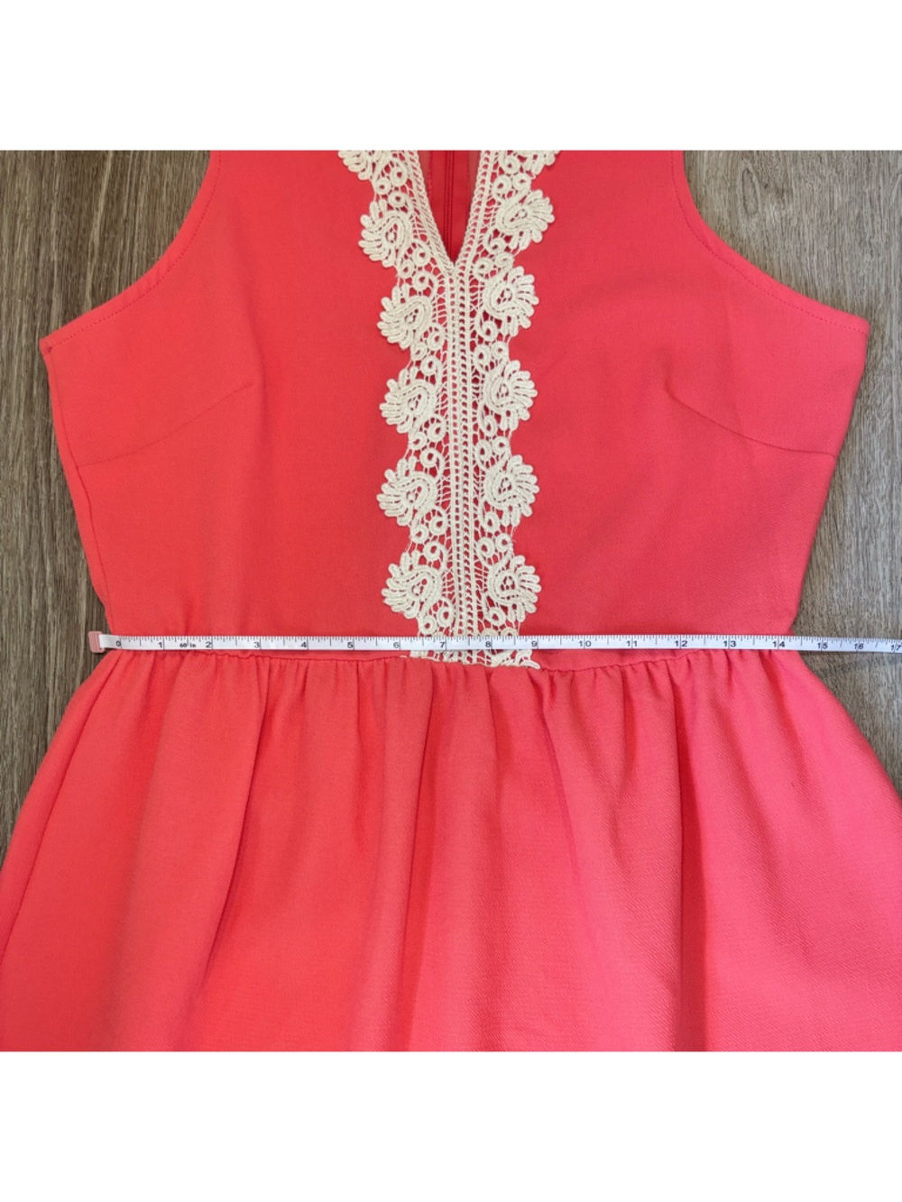 Francesca’s Miami Coral Sleeveless Dress with Ivory Crochet Trim Back zipper NWT - Picture 15 of 16